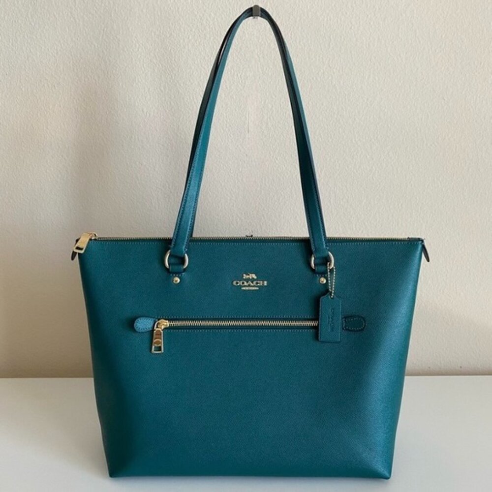 Coach "Gallery Tote Bag" Teal Green Textured Leather with Gold Accents